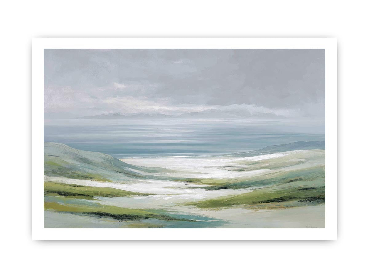 Soft misty coastal landscape canvas art with green hills and pale water for a refined living room.