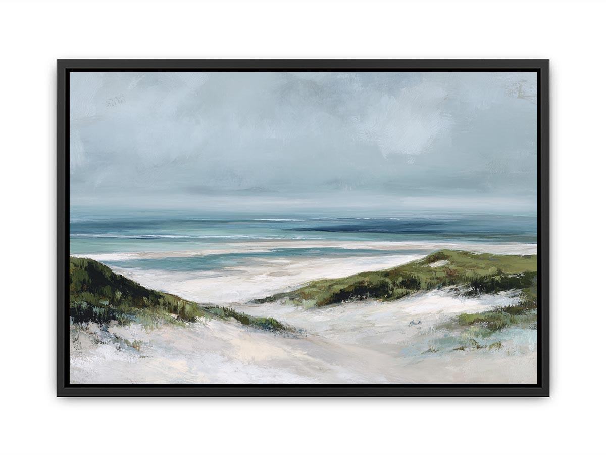 Painterly coastal dune landscape canvas art with soft ocean tones for relaxed beach house decor.