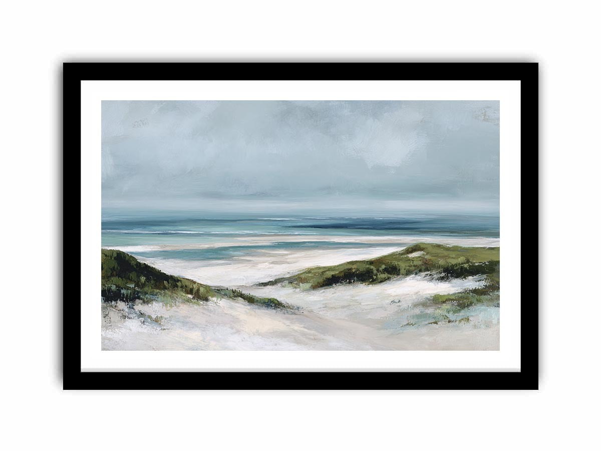 Painterly coastal dune landscape canvas art with soft ocean tones for relaxed beach house decor.