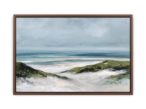 Painterly coastal dune landscape canvas art with soft ocean tones for relaxed beach house decor.