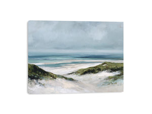 Painterly coastal dune landscape canvas art with soft ocean tones for relaxed beach house decor.