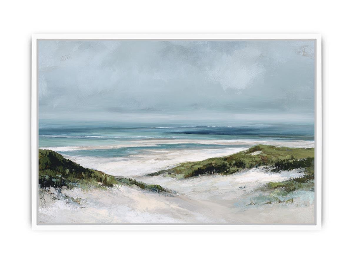 Painterly coastal dune landscape canvas art with soft ocean tones for relaxed beach house decor.