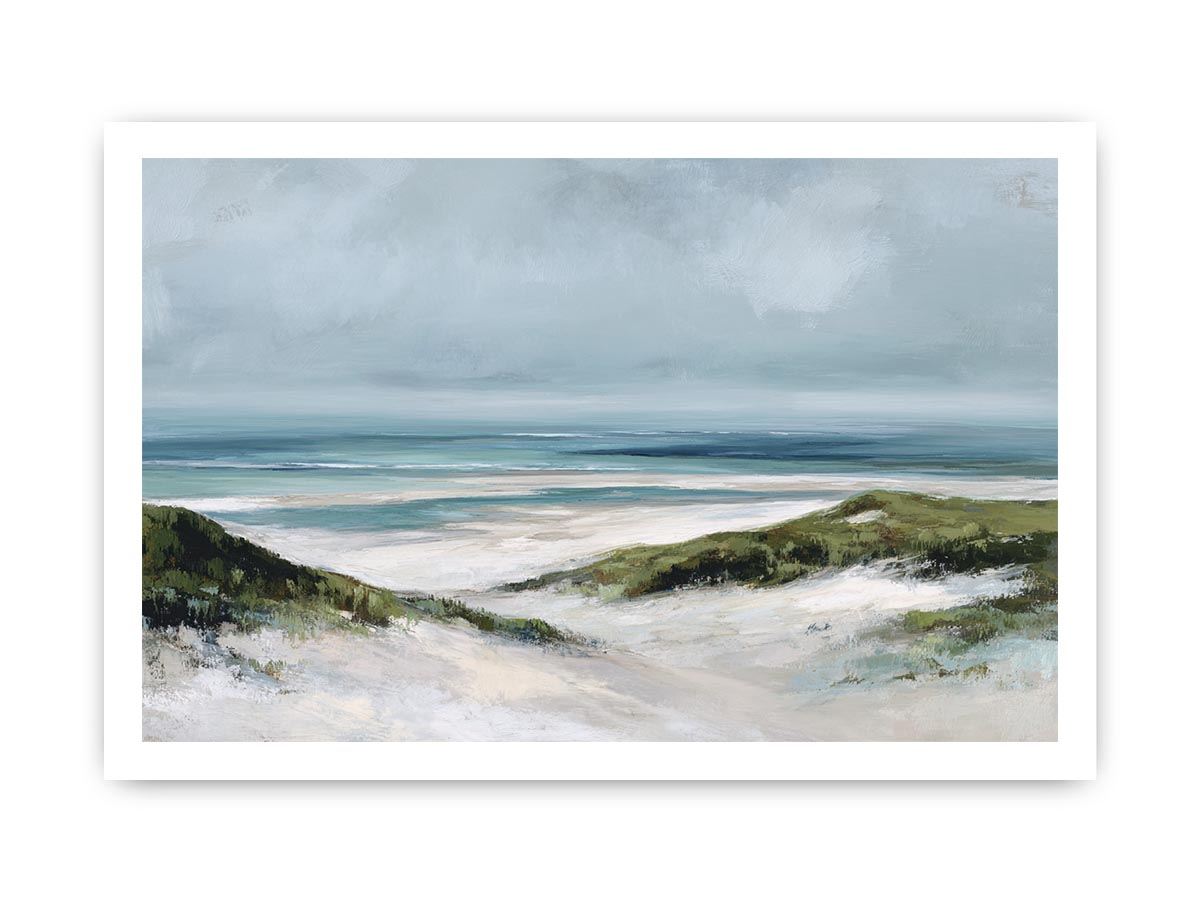 Painterly coastal dune landscape canvas art with soft ocean tones for relaxed beach house decor.