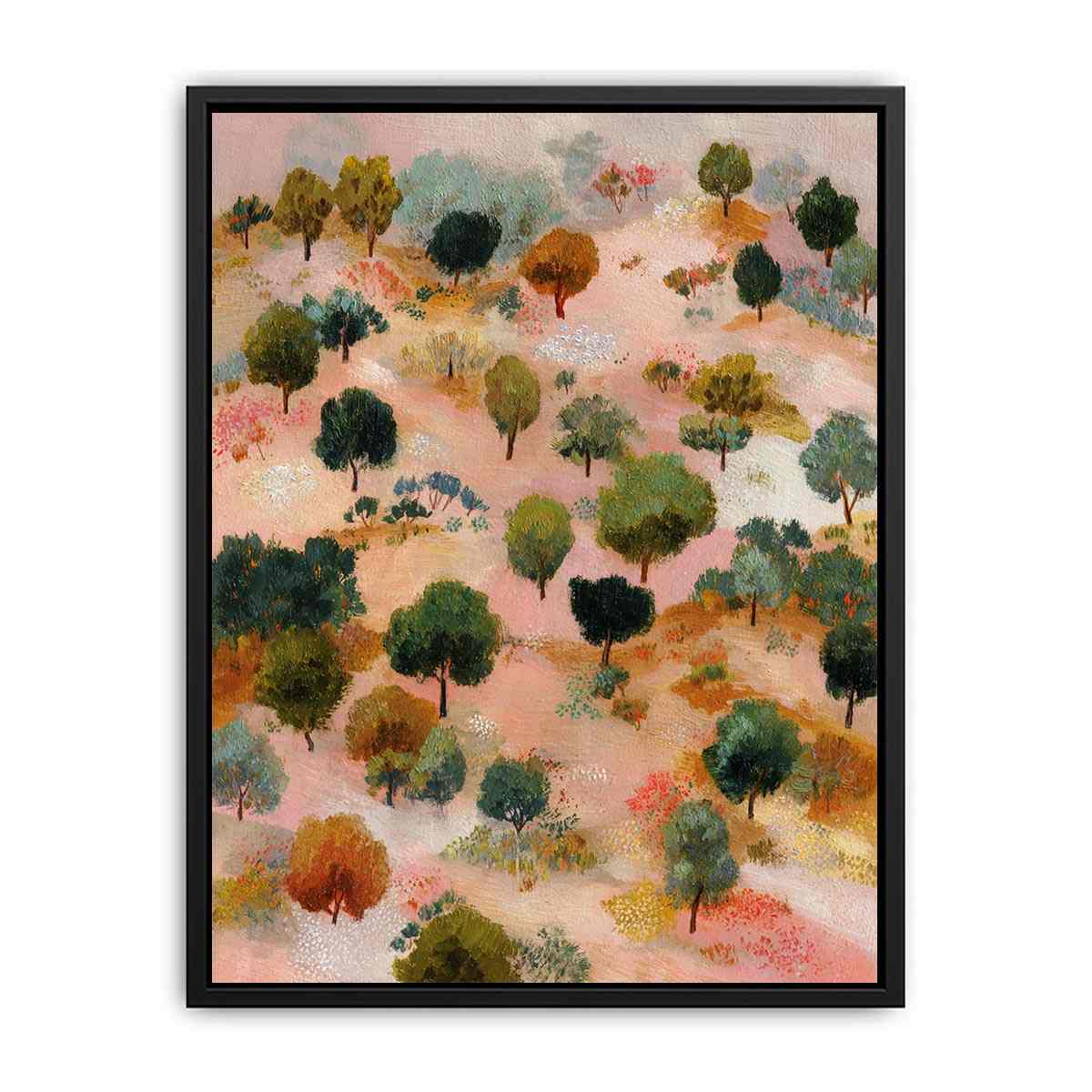 Whimsical pink and green tree landscape canvas art for warm eclectic living room decor.