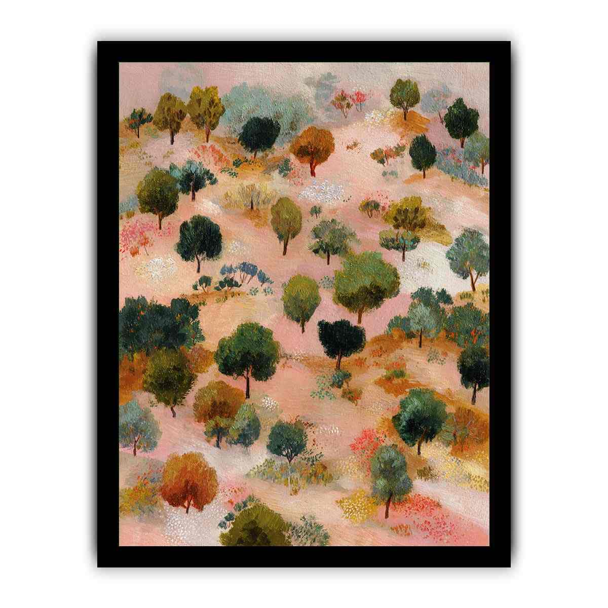 Whimsical pink and green tree landscape canvas art for warm eclectic living room decor.