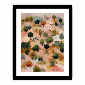 Whimsical pink and green tree landscape canvas art for warm eclectic living room decor.