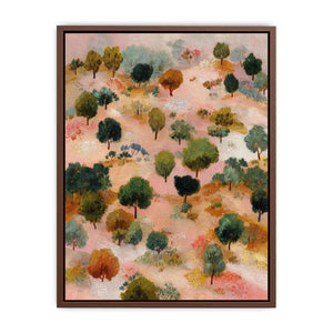 Whimsical pink and green tree landscape canvas art for warm eclectic living room decor.