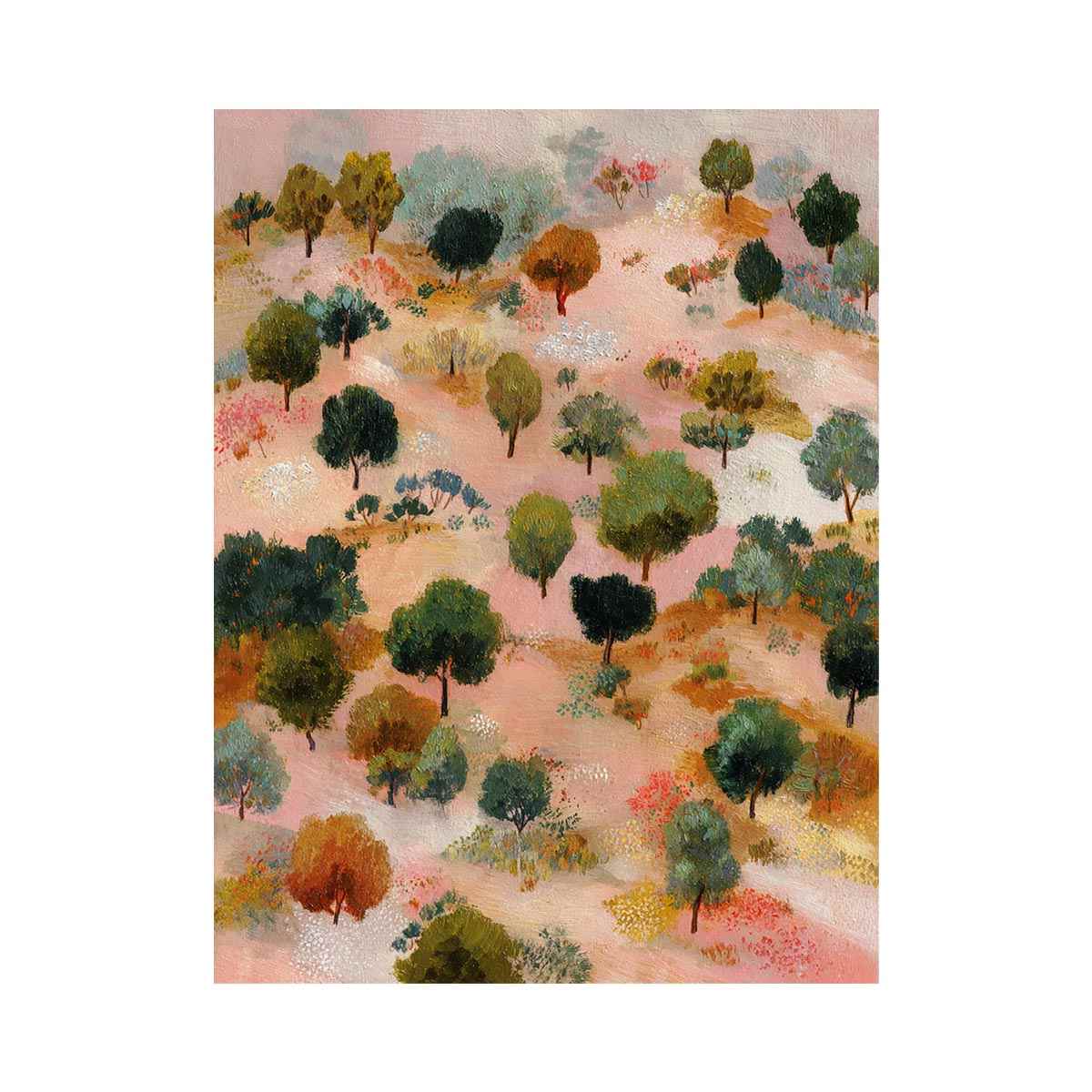 Whimsical pink and green tree landscape canvas art for warm eclectic living room decor.