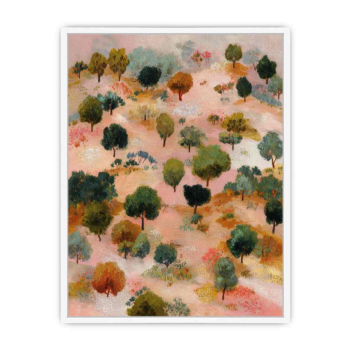 Whimsical pink and green tree landscape canvas art for warm eclectic living room decor.