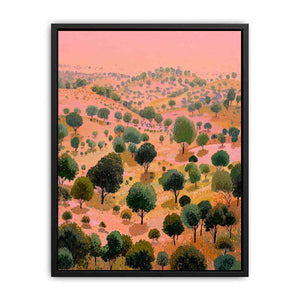 Coral pink rolling hill landscape canvas art with green trees for bold modern wall decor.