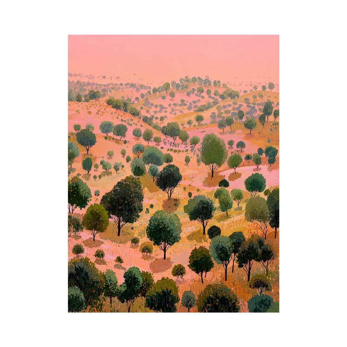 Coral pink rolling hill landscape canvas art with green trees for bold modern wall decor.