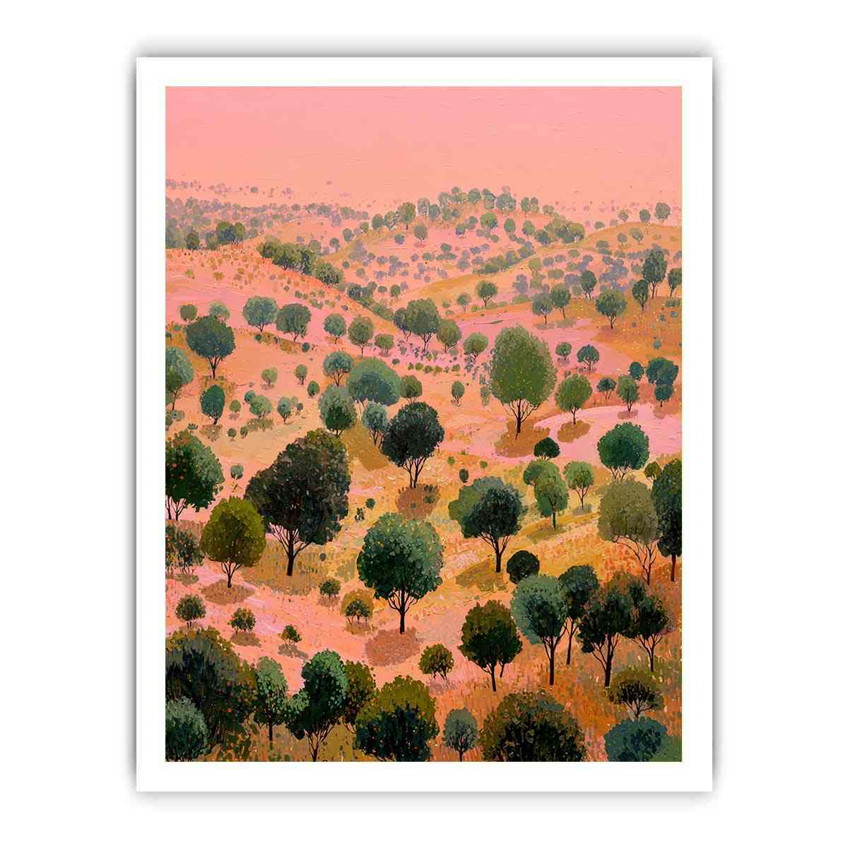 Coral pink rolling hill landscape canvas art with green trees for bold modern wall decor.