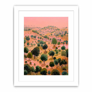 Coral pink rolling hill landscape canvas art with green trees for bold modern wall decor.