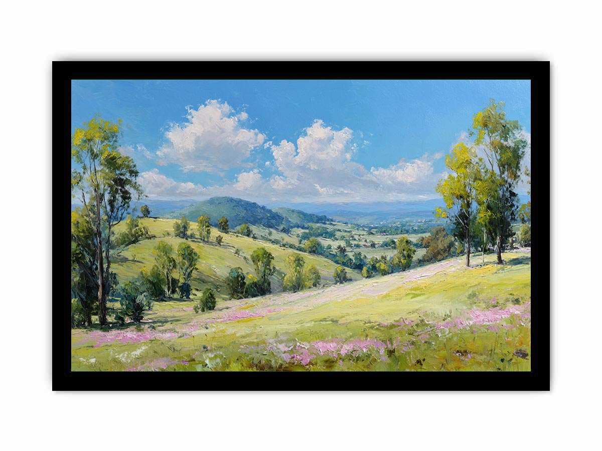Bright green countryside landscape canvas art with mountains and clouds for peaceful home decor.