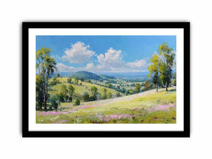 Bright green countryside landscape canvas art with mountains and clouds for peaceful home decor.