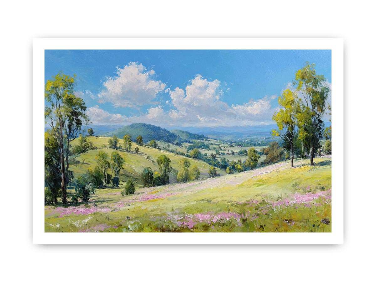 Bright green countryside landscape canvas art with mountains and clouds for peaceful home decor.
