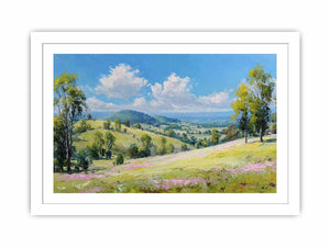 Bright green countryside landscape canvas art with mountains and clouds for peaceful home decor.