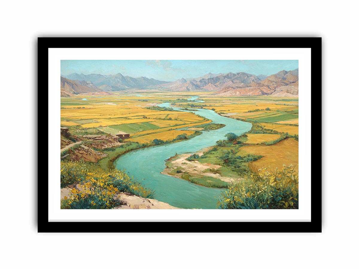 Turquoise river valley landscape canvas art with golden fields and mountains for warm home decor.