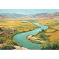 Turquoise river valley landscape canvas art with golden fields and mountains for warm home decor.