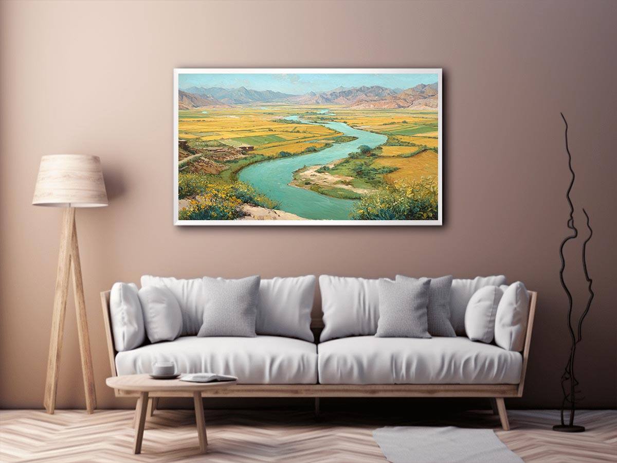 Turquoise river valley landscape canvas art with golden fields and mountains for warm home decor.