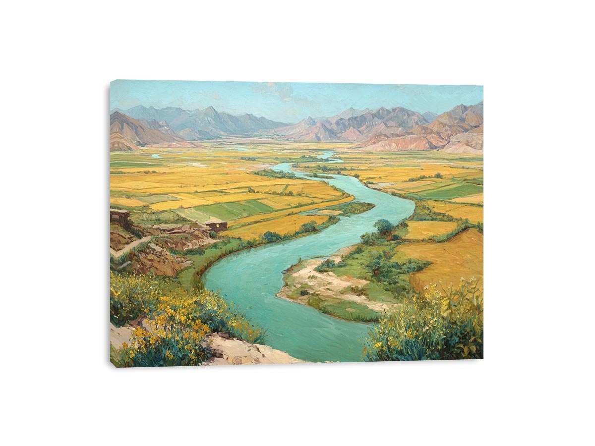 Turquoise river valley landscape canvas art with golden fields and mountains for warm home decor.