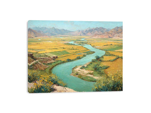 Turquoise river valley landscape canvas art with golden fields and mountains for warm home decor.