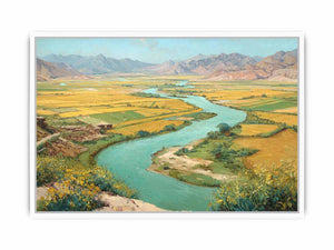 Turquoise river valley landscape canvas art with golden fields and mountains for warm home decor.