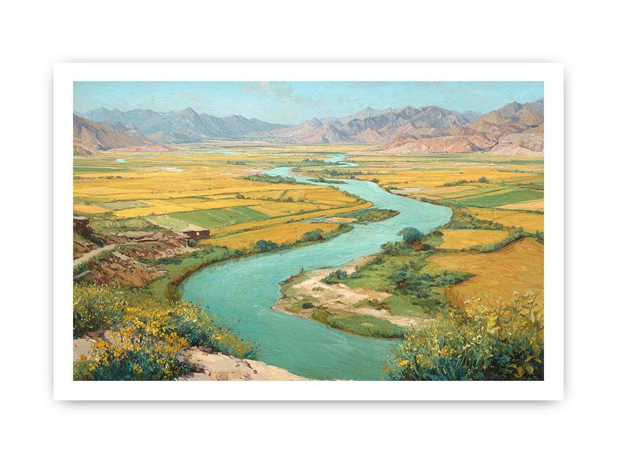 Turquoise river valley landscape canvas art with golden fields and mountains for warm home decor.