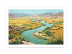 Turquoise river valley landscape canvas art with golden fields and mountains for warm home decor.