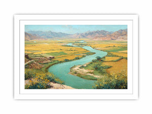 Turquoise river valley landscape canvas art with golden fields and mountains for warm home decor.