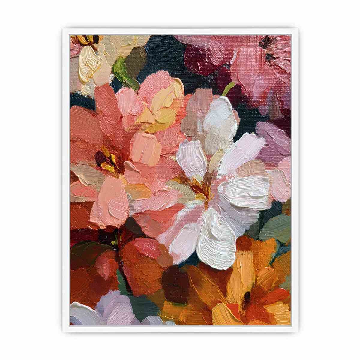 Textured pink and white floral canvas art with expressive petals for elegant bedroom decor.