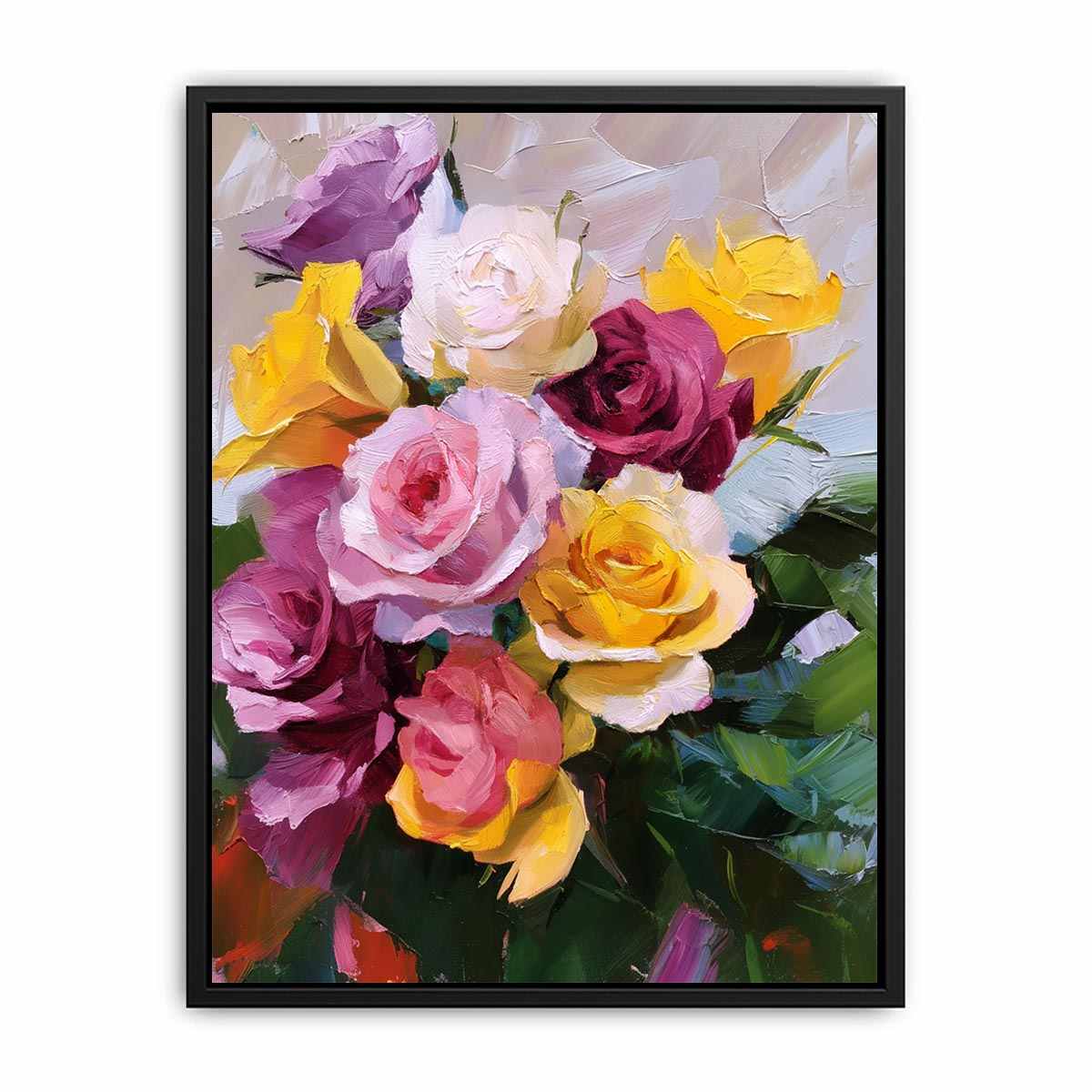 Colorful rose bouquet canvas art with yellow and pink flowers for elegant home decor.