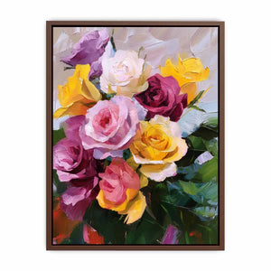Colorful rose bouquet canvas art with yellow and pink flowers for elegant home decor.