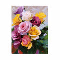 Colorful rose bouquet canvas art with yellow and pink flowers for elegant home decor.