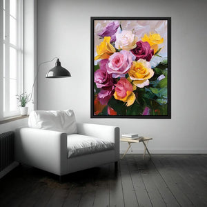 Colorful rose bouquet canvas art with yellow and pink flowers for elegant home decor.