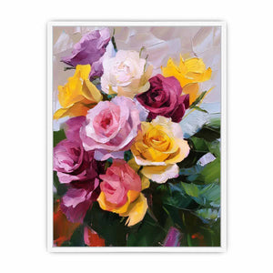 Colorful rose bouquet canvas art with yellow and pink flowers for elegant home decor.