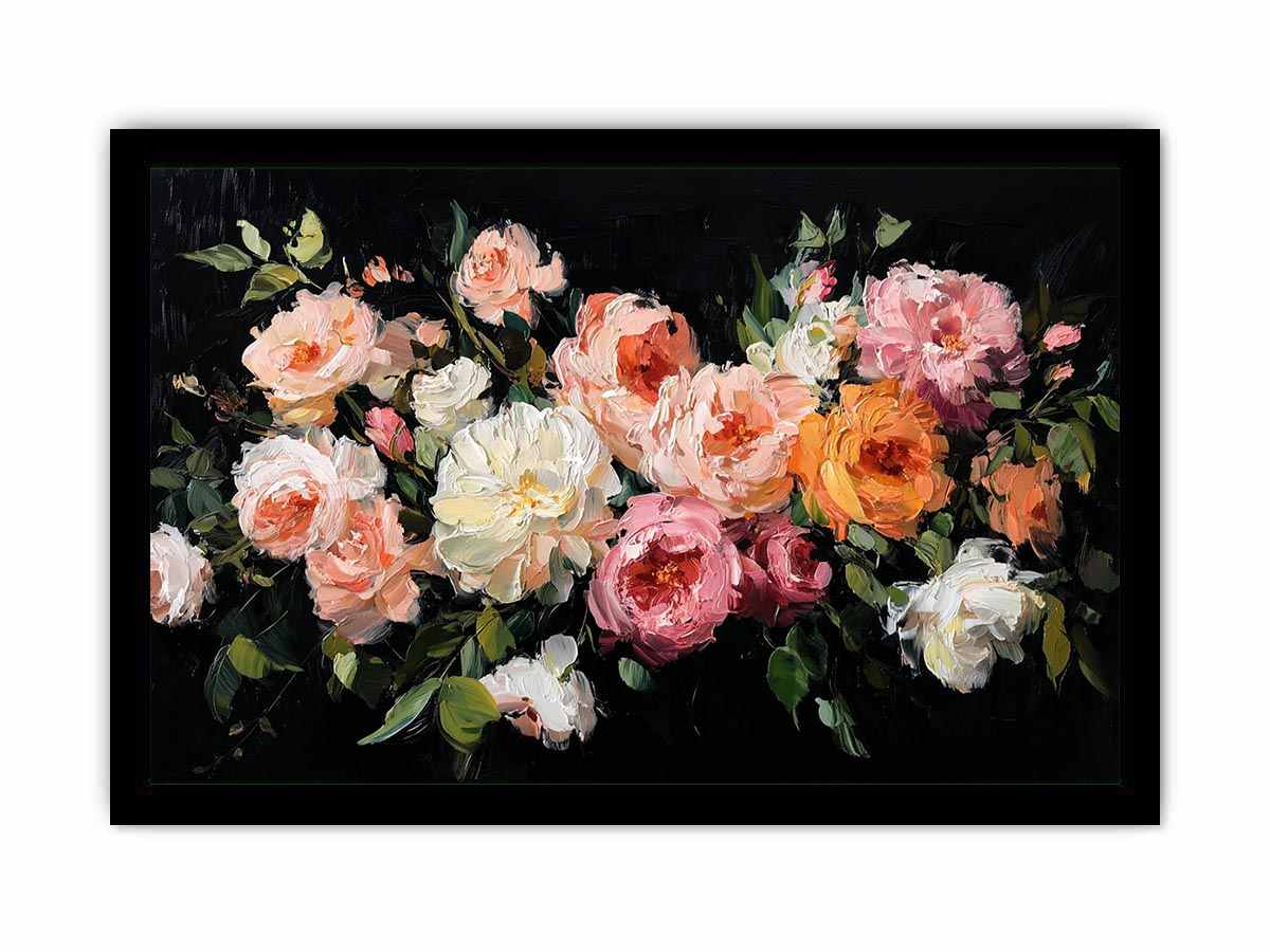 Dramatic floral canvas art with pink and ivory flowers on black background for luxury decor.