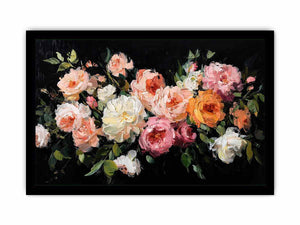 Dramatic floral canvas art with pink and ivory flowers on black background for luxury decor.