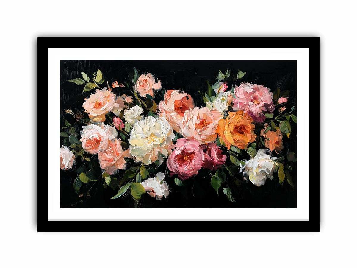 Dramatic floral canvas art with pink and ivory flowers on black background for luxury decor.