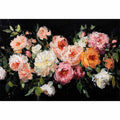 Dramatic floral canvas art with pink and ivory flowers on black background for luxury decor.