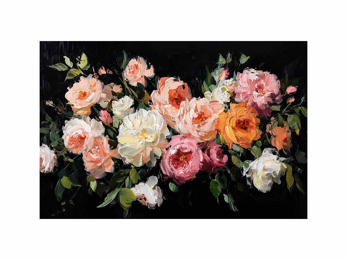 Dramatic floral canvas art with pink and ivory flowers on black background for luxury decor.