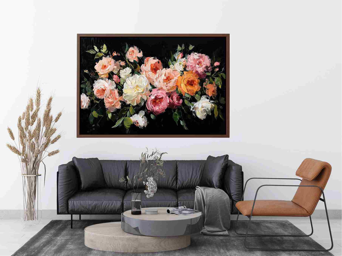 Dramatic floral canvas art with pink and ivory flowers on black background for luxury decor.