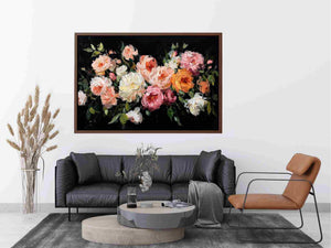 Dramatic floral canvas art with pink and ivory flowers on black background for luxury decor.