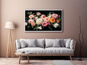 Dramatic floral canvas art with pink and ivory flowers on black background for luxury decor.