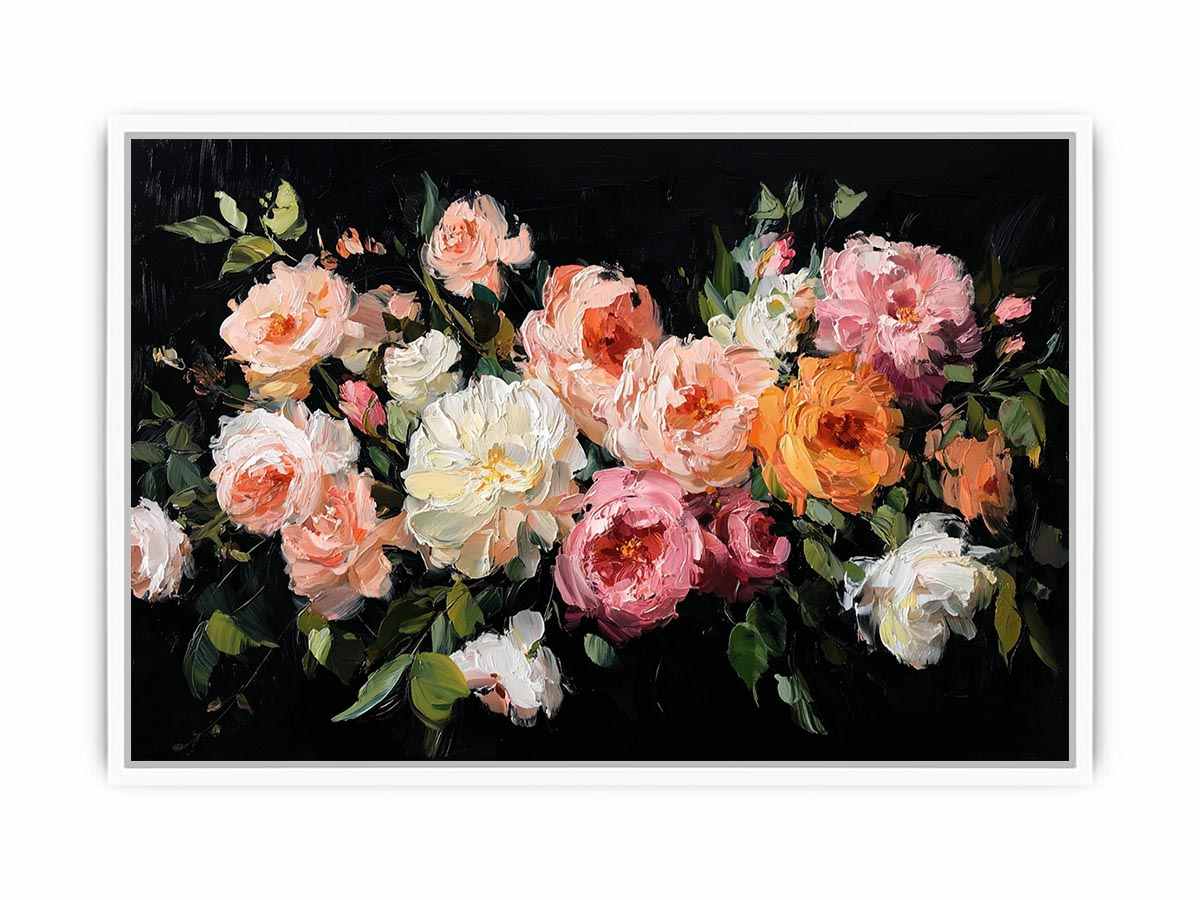 Dramatic floral canvas art with pink and ivory flowers on black background for luxury decor.