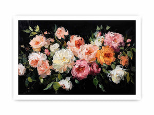 Dramatic floral canvas art with pink and ivory flowers on black background for luxury decor.