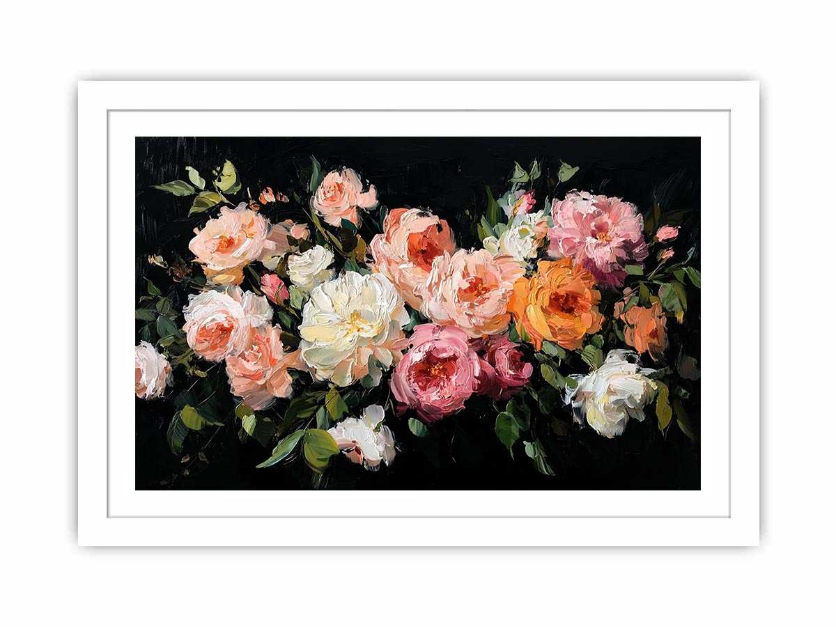Dramatic floral canvas art with pink and ivory flowers on black background for luxury decor.