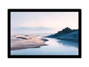 Soft watercolor river desert landscape canvas art for calm bedroom and modern home decor.
