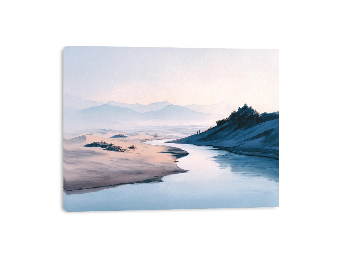 Soft watercolor river desert landscape canvas art for calm bedroom and modern home decor.