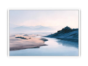 Soft watercolor river desert landscape canvas art for calm bedroom and modern home decor.
